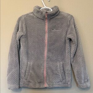 Columbia Soft Plush Fleece Sweater Zip Up, Gray & Pink, Girls’ Size L (14-16)